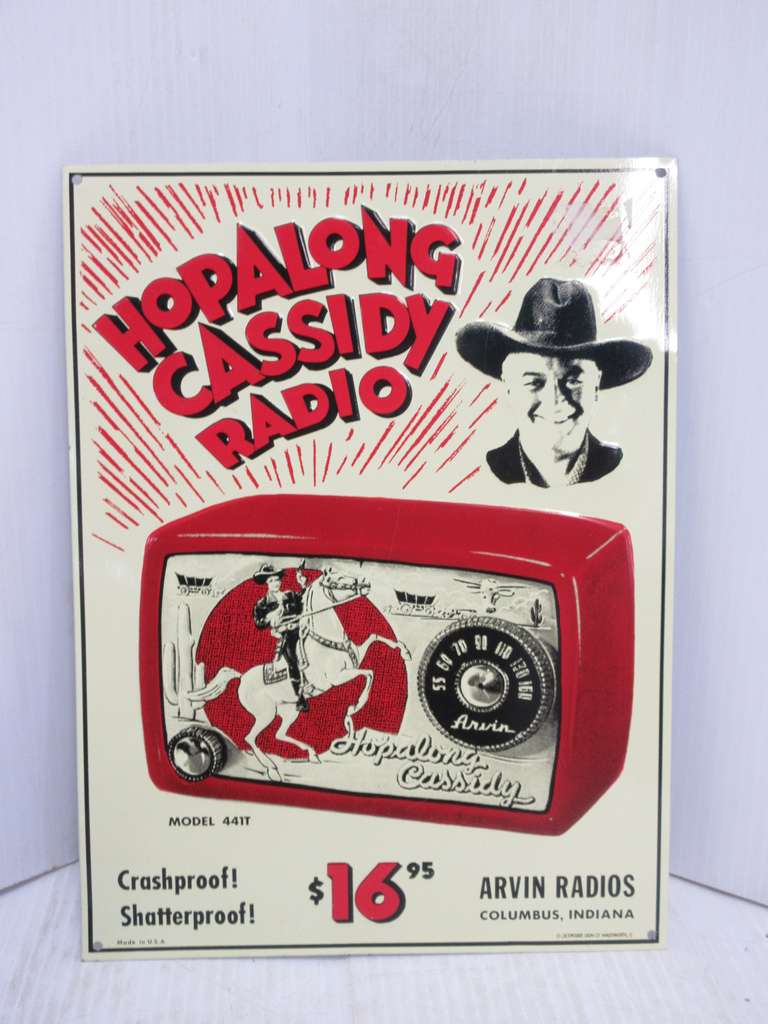 1990 Hopalong Cassidy Arvin Radios Embossed Sign, Metal, Made in USA