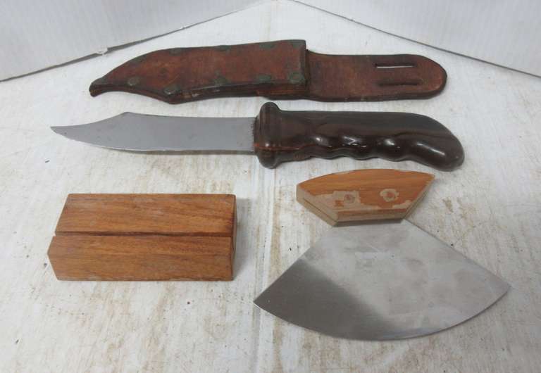 Heavy Blade with Sheath, Overall- 11", Blade- 5 1/2"; Alaska Ulu Knife, Blade- 5"W, 4"H; Wood Block Stand