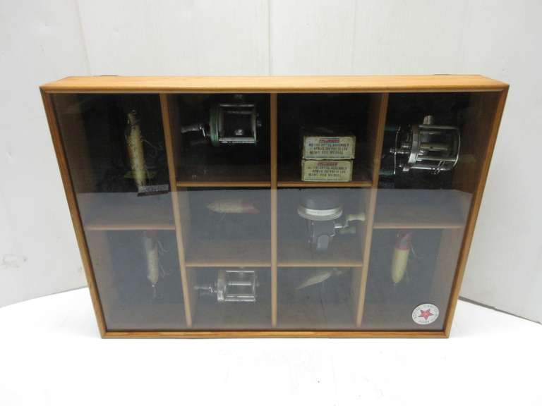 Shadow Box with Older Fishing Lures, Reels, and More for a Wall Display