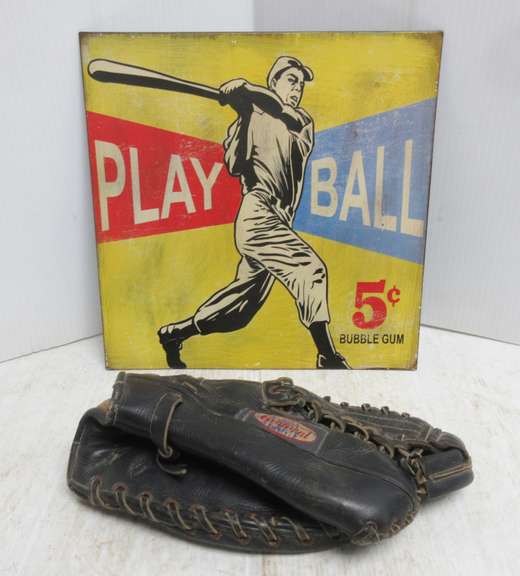 General Baseball Glove, Made in Japan; Newer Play Ball Wall Hanging Tin, 12"W x 12"H