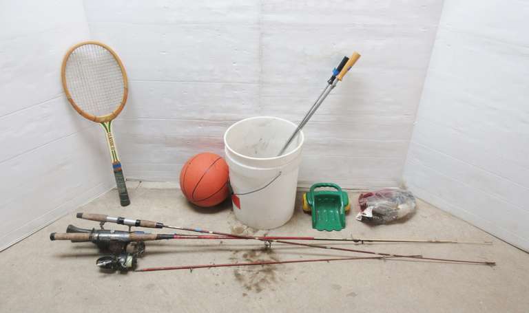 Bucket of Fishing Items, Sand Toys, and Balls