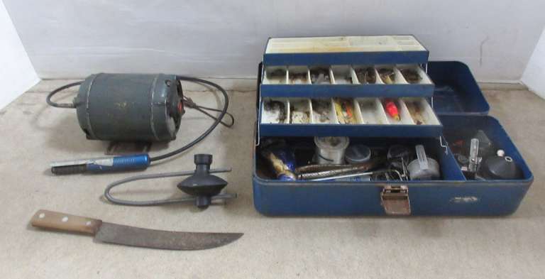 Fish Scaler, Electric Motor Works; Old Tackle Box and Misc. Items, Has Wear, Damage to Handle