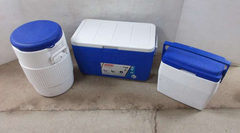 Igloo Water Cooler, and (2) Coleman Coolers