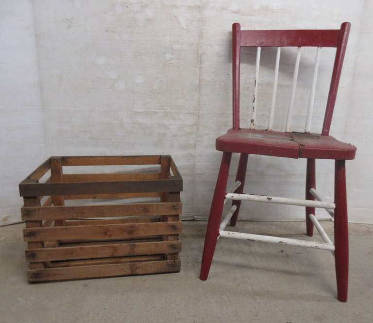 Old Wood Slat Crate; Red and White Chair, Rough