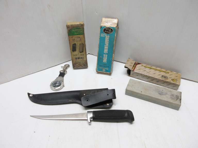 Rapala Fish Knife with Sheath, (3) Honing Stones, and a Clip-On Backpack Watch