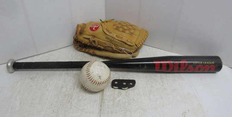 Wilson Bat, Softball, Rawlings Ball Glove, and a Ball and Strike Counter