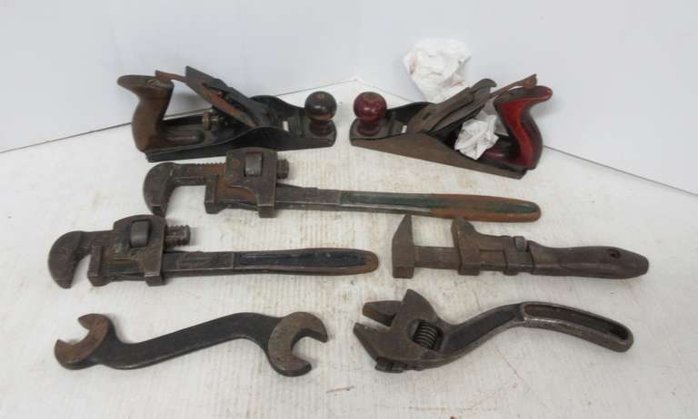 (5) Old Wrenches; (2) Old Wood Planes, Made in the USA