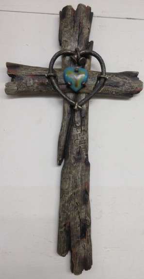 Wooden Cross with Two Hearts, Both are Held with Nails, Heavy 