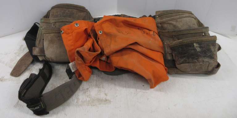 Mcguire-Nicholas Carpenter Nail Bags; Brown Bag Company Suspenders; Accessories, Some Wear but Still Good; Black Stallion FR Welding Jacket, Size XL