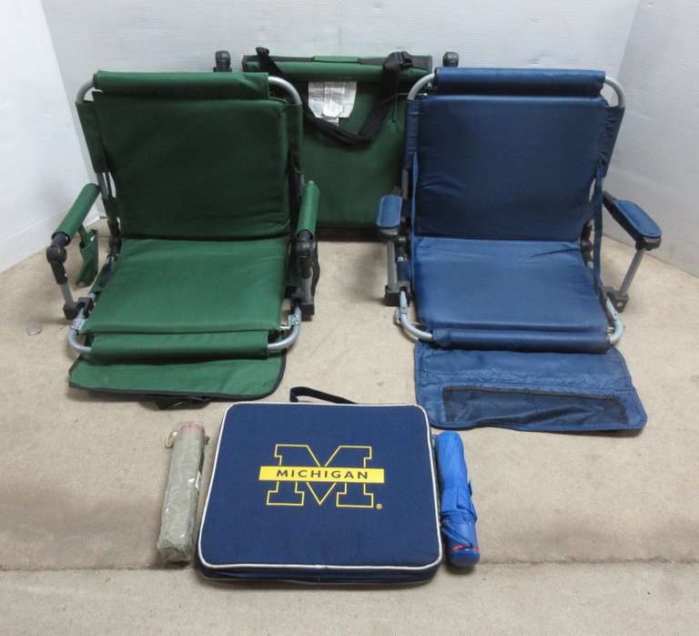 (3) Folding Stadium Seats with Cup Holders, Michigan Seat Cushion, and (3) Umbrellas