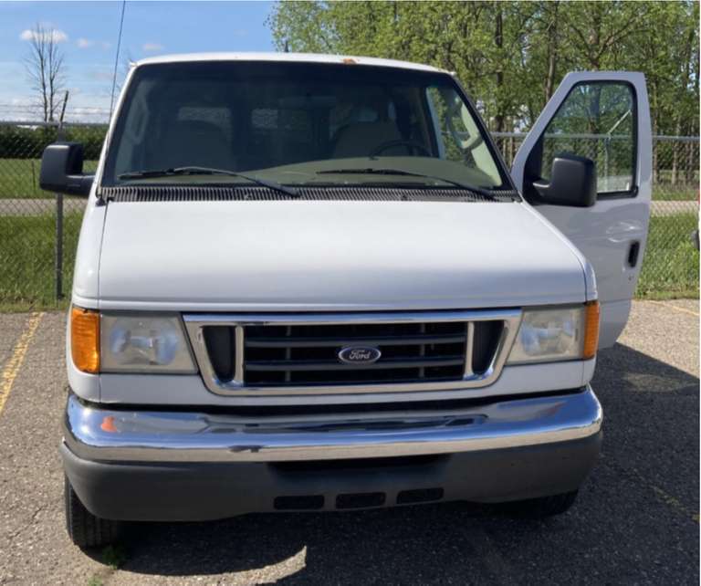 2007 White Ford Van F350, Odometer, 160,080, VIN: 1FBNE3L67DB06137, Used as a Transportation Van