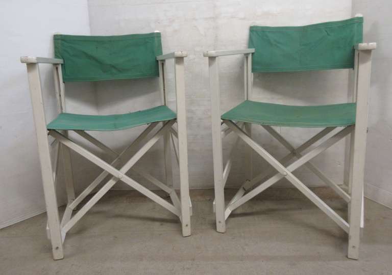 Pair of Older Director Patio Chairs, Semi-Folding, Kelly Green Canvas with White Wood, Manufacturer's Label on Back of Leg