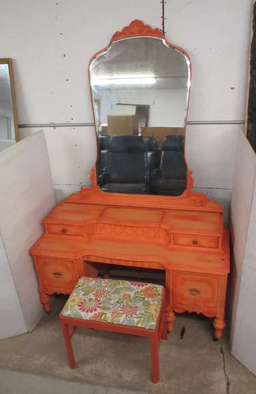 Wood Coral Colored Vanity with Mirror and Chair