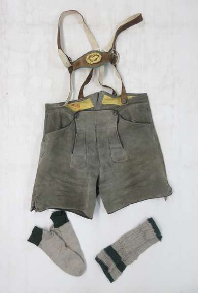 Leather Lederhosen, Western Germany, Green/Gray Color with Socks, Size 34-36, 36" Tape Measured