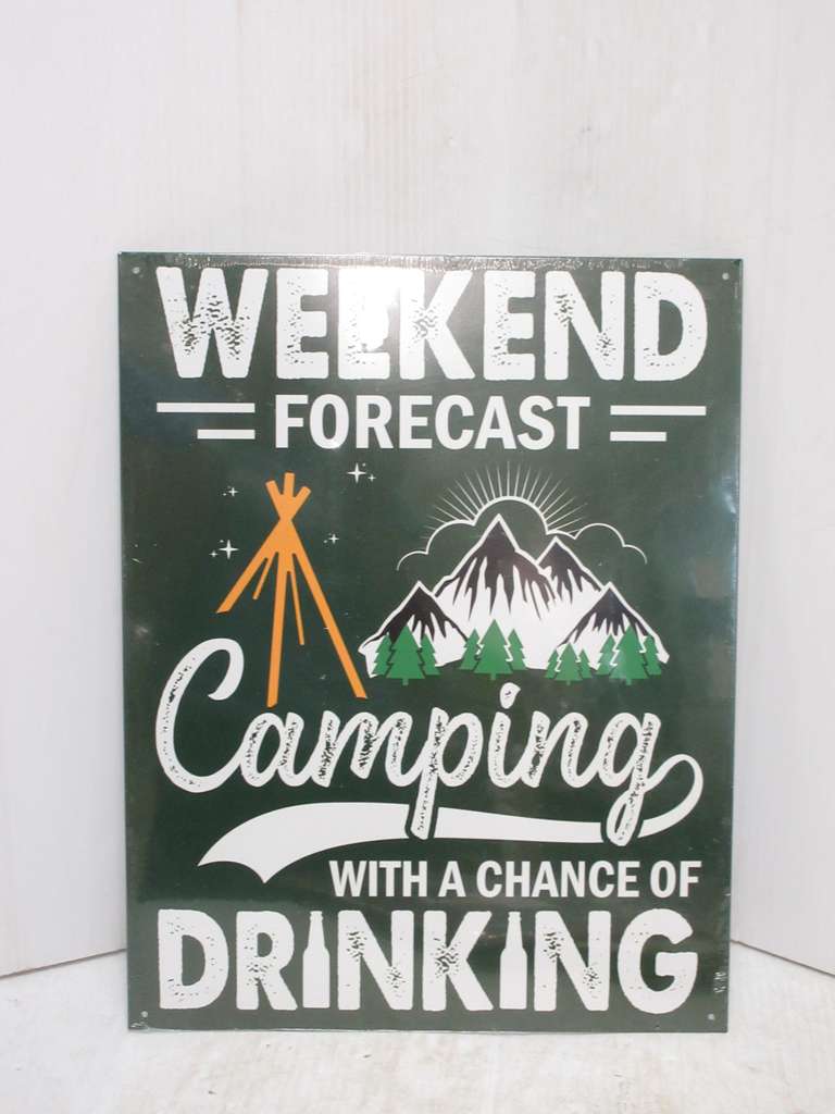 Modern "Weekend Forecast, Camping with a Chance of Drinking" Tin Sign, US Made