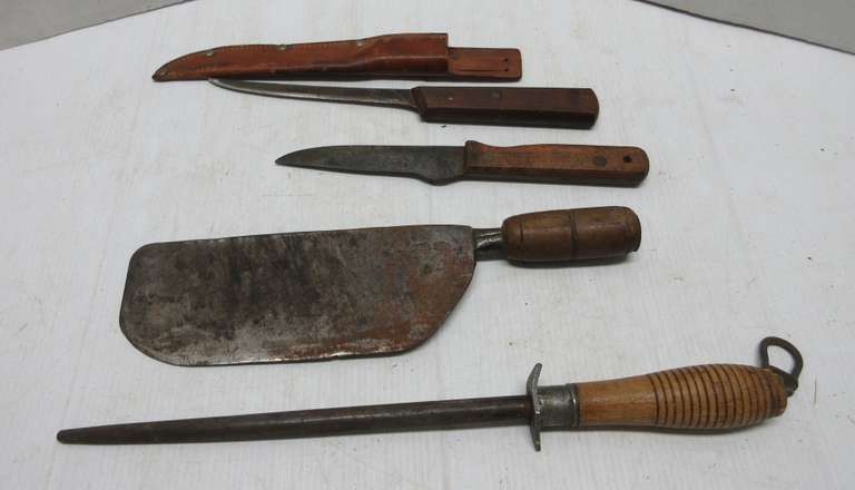 Herter's Camp Knife, Fish Knife with Sheath, and an Older Chinese Cleaver