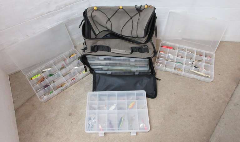 Flambeau Outdoors Double Stack Fabric Tackle Box, Contains (8) Translucent Compartment Boxes Filled with Fishing Tackle