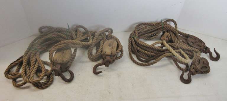 Antique Hoist No. 12 Farm Pulley Pat. June 15th 1897, Rope- 3/4"Dia, 54' Total; (2) Wood Pulleys 9", Rope- 3/4"Dia, 55' Total