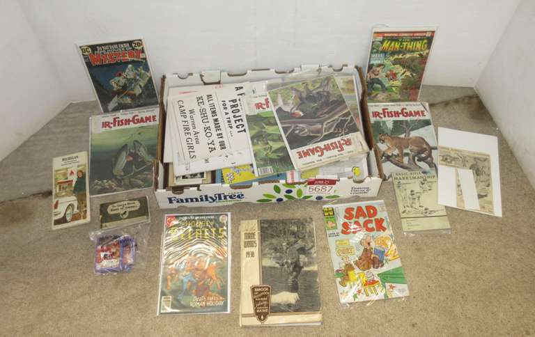 Over (100) Antique and Collectible Items, Includes: Comic Books, Fur, Fish and Game Magazines, 1960's Era Signs from Printer, Mork and Mindy Cards, and More