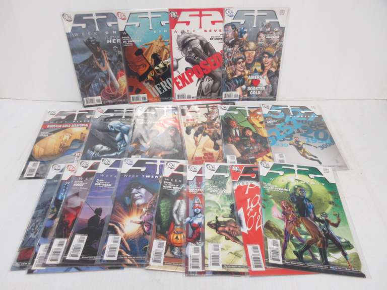 (20) DC 52 Comics in Sleeves, Weeks Including: 1-2, 7-8, 12-15, 18-20, 22-25, 27-28, 21, 33, and 52