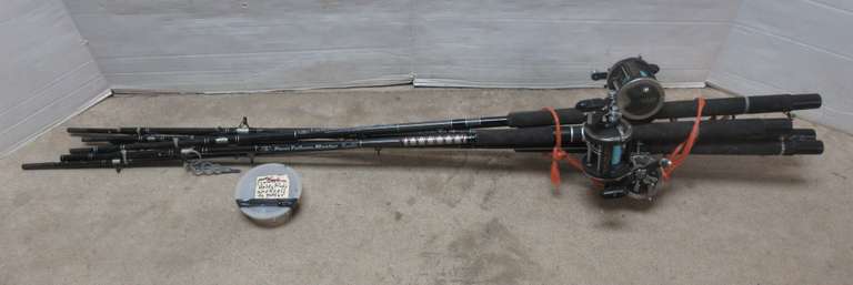 (4) Fishing Poles and Reels, Include: Penn 320 GTI High Speed Rods, 10 1/2' Line, Cap 8-15 Medium Action Penn Fathom, Master Graphite, Clamps to Hold Rod and Reels