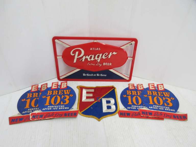 Atlas Prager Extra Dry Beer Display Sign, E & B Brew Patch and (4) Stickers