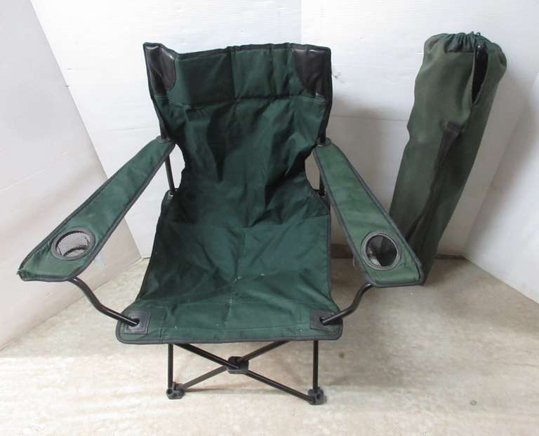 (2) Identical Dark Green Folding Outdoor Camp Chairs, Have Armrests with Cup Holders and Carry/Storage Bags