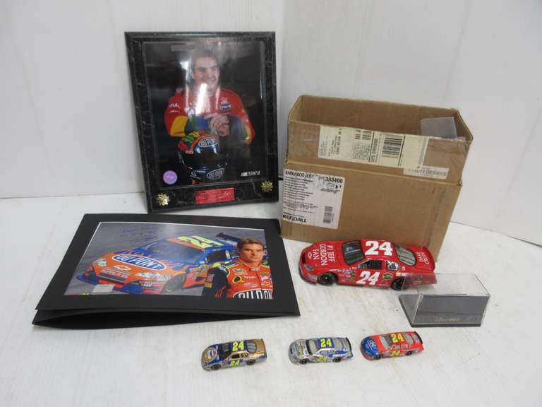 Jeff Gordon Plaque, (8) Display Boxes, (14) Matchbox Size Cars, 1/24 Scale No. 1 Fan Car, and Fan Signed Picture