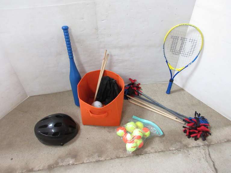 Kids Outdoor Sports Equipment, Include: Tennis Racket, Balls, Bug House, Juggling Sticks, Baseball Bat and Balls, Lawn Jarts, Bike Helmet, and More