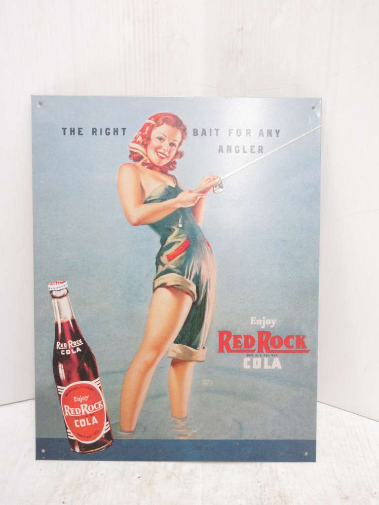 Old Style Red Rock Cola Pin Up Girl Fishing Sign, Made in USA