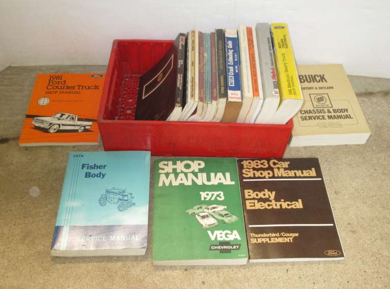 (20) Factory Service and Shop Manuals in a Old Detroit Coca-Cola Crate