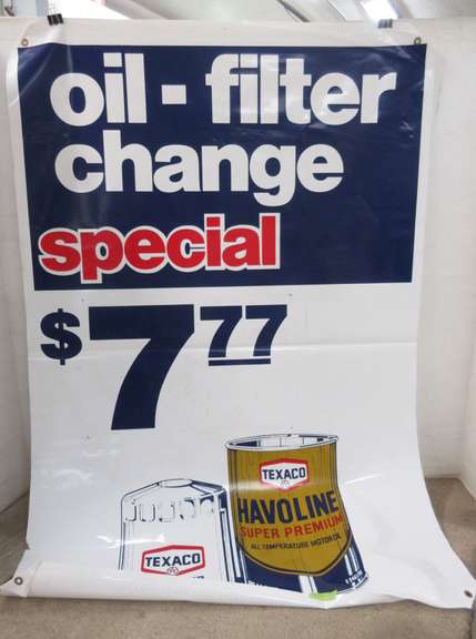 Old Texaco Havoline Motor Oil Advertising Banner, White Heavy plastic Vinyl Material with Brass Grommets in Each Corner, Dated 11-17-1977