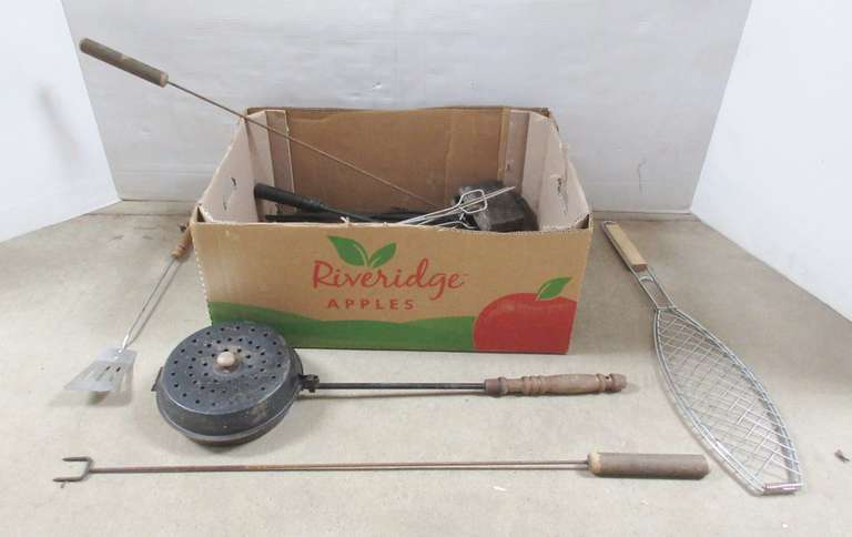 Campfire Cooking Utensils, Includes: Cast Iron Griddle, Coleman Sandwich/S'more Cooker, Grill, Fish Cooker, Popcorn Maker, Tongs, Shish Kabob Spears, and More