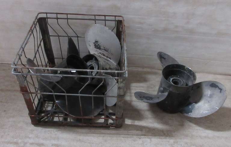 (3) Aluminum Boat Props in Metal Milk Crate