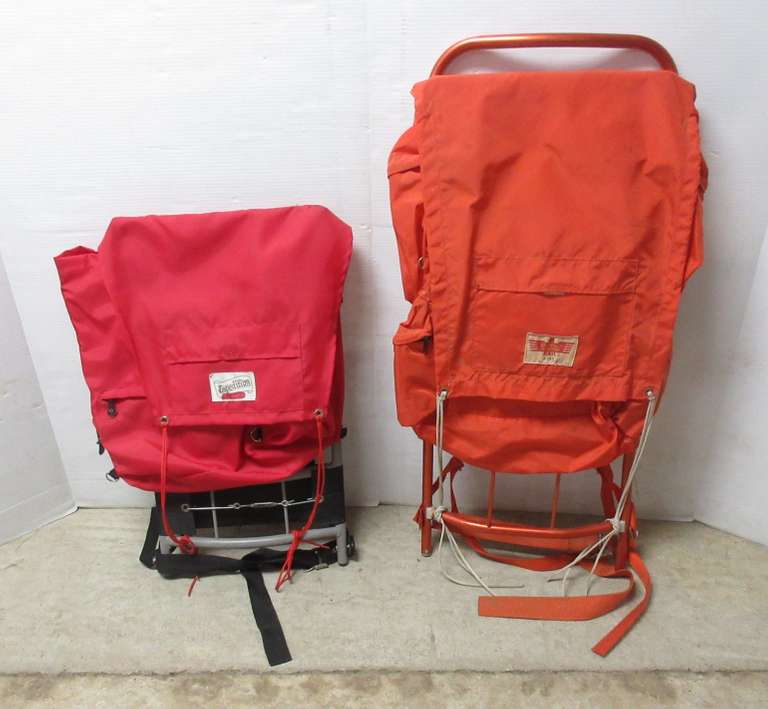 (2) Hiking/Camping Backpacks: 1- Old Red Expedition Backpack; 1- Old American Camper External Frame Hiking Backpack, Orange in Color