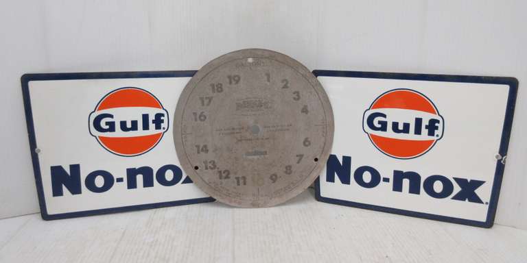 (2) Gulf Pump Plates, Very Good; Bennett Clock, Face is Faded, One has Chip in Porcelain