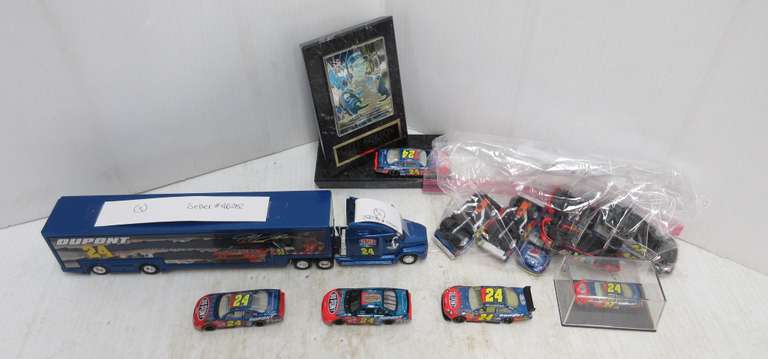 Jeff Gordon Plaque, Car Hauler, and (11) Cars, All No. 24s