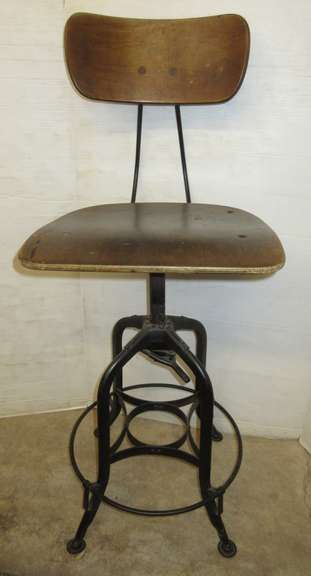 Older Drafting Chair, Spins 360°, Adjustable Height, Iron and Wood Construction