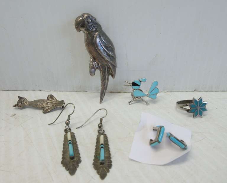 Antique "Old Pawn" Native American Jewelry: Signed Barney Sterling Turquoise Onyx and M.O.P. Feather Earrings, 2" Hang; Ring, Very Old, Turquoise and Sterling Stamped with Symbols, An Arrow, and J and A in Box, Size 9; Parrot, ND 925, Brooch and Pendant Puffy Style 3" Drop, .925; Turquoise and Onyx Bird/Road Runner Pin, Unstamped, 1 1/4"W x 1"H; Turquoise and Sterling 1/2 Hoop Earrings, 1/2" Drop; Cat, Unknown if Native American, Only a .925 Stamp, 3/4"W x 1 1/2"H