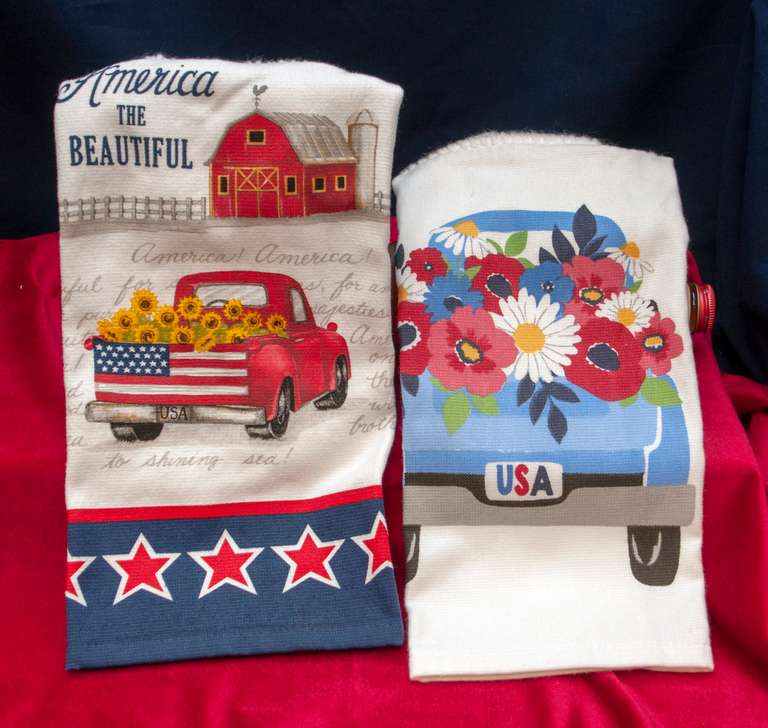 (2) Hand Towels with Crocheted Loop for Hanging, Handmade by Carol Wiles, Truck and Flowers