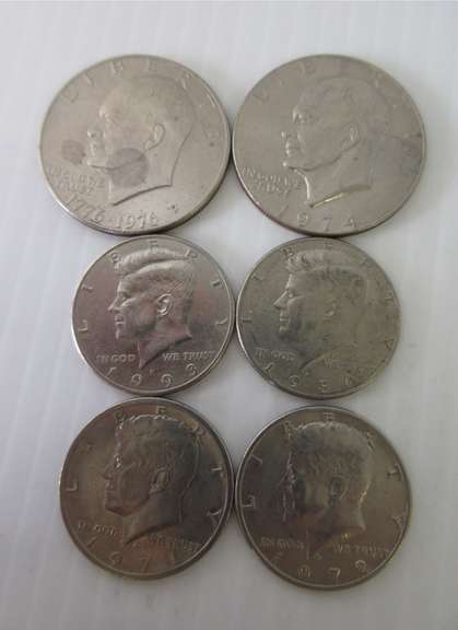 (4) Kennedy Half Dollars: 1971-D, 1972-D, 1984-D, and 1993-P; (2) 1974 and 1976 Eisenhower Dollars