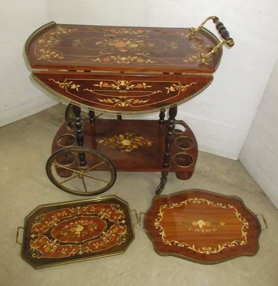 Victorian Tea Cart, Inlaid Wood in Intricate Floral Pattern with (2) Matching Trays