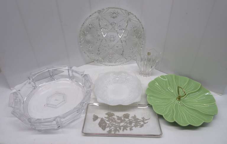 Candy dishes, including: 1940s Flower pattern brass handle milk glass with grape pattern, large platter, rectangular dish, and a large plexiglass candy dish, up to 14"W