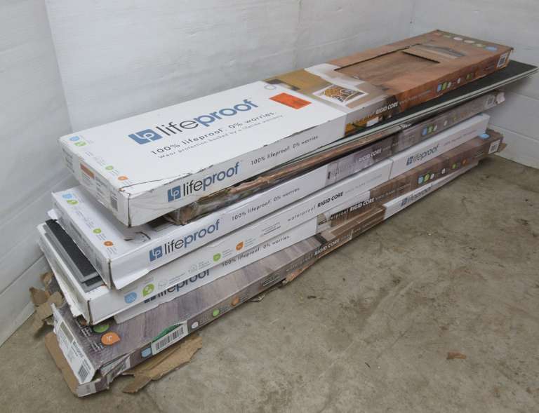 (6) Boxes of misc. Lifeproof flooring, waterproof, rigid core, different finishes and amounts in boxes, all pieces are new