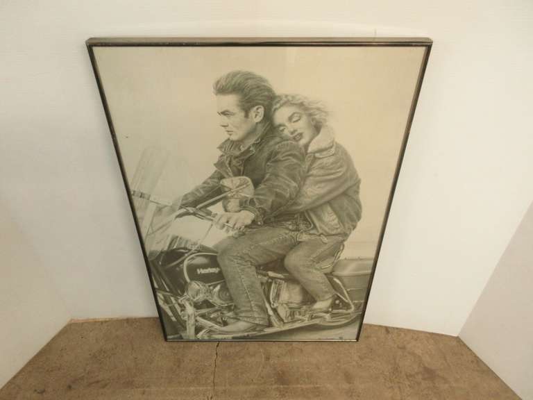 Marilyn Monroe and James Dean on a Harley Davidson poster in a metal frame, approx. 24"W x 36"H, good, frame shows wear