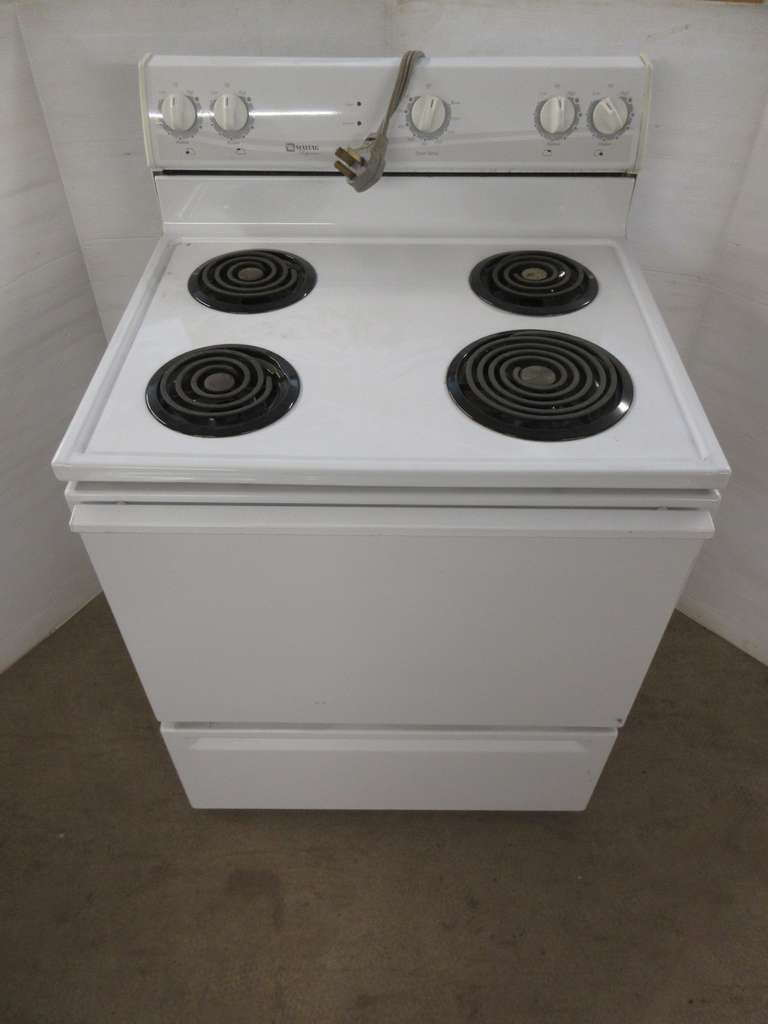 Maytag white electric stove, 30"W x 28"D, works well, needs cleaning