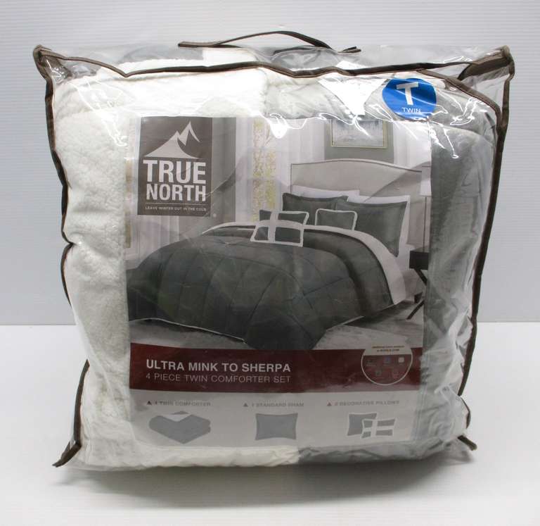 Twin 4-Piece comforter set, by True North, Ultra Mink to Sherpa, Silver, NIP