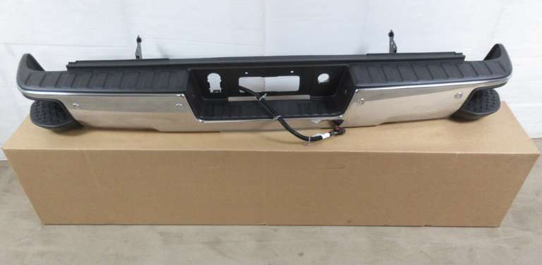 Chevy/GMC 1500 rear bumper, fits 2014 to 2019 models, chrome, includes all brackets and plastic trim, new