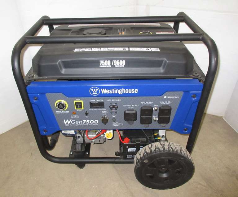 Westinghouse portable generator, electric start, wireless remote, battery charger and owner's manual, 7500W running, 9500W peak, 120/240V 30 AMP circuit, and (2) 120V 20 AMP duplex GFCI outlets, well maintained, runs great, Manual and Electric Start Key in Office