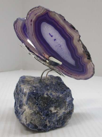 Purple agate butterfly on a sodalite base, 3 3/4"H